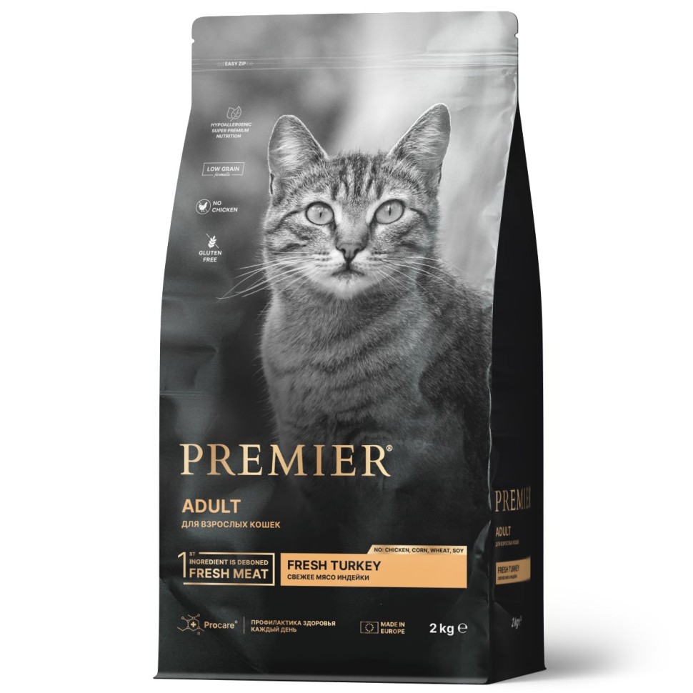 Premier Cat Turkey Adult сухой корм для взрослых кошек, свежая индейка - 2 кг
