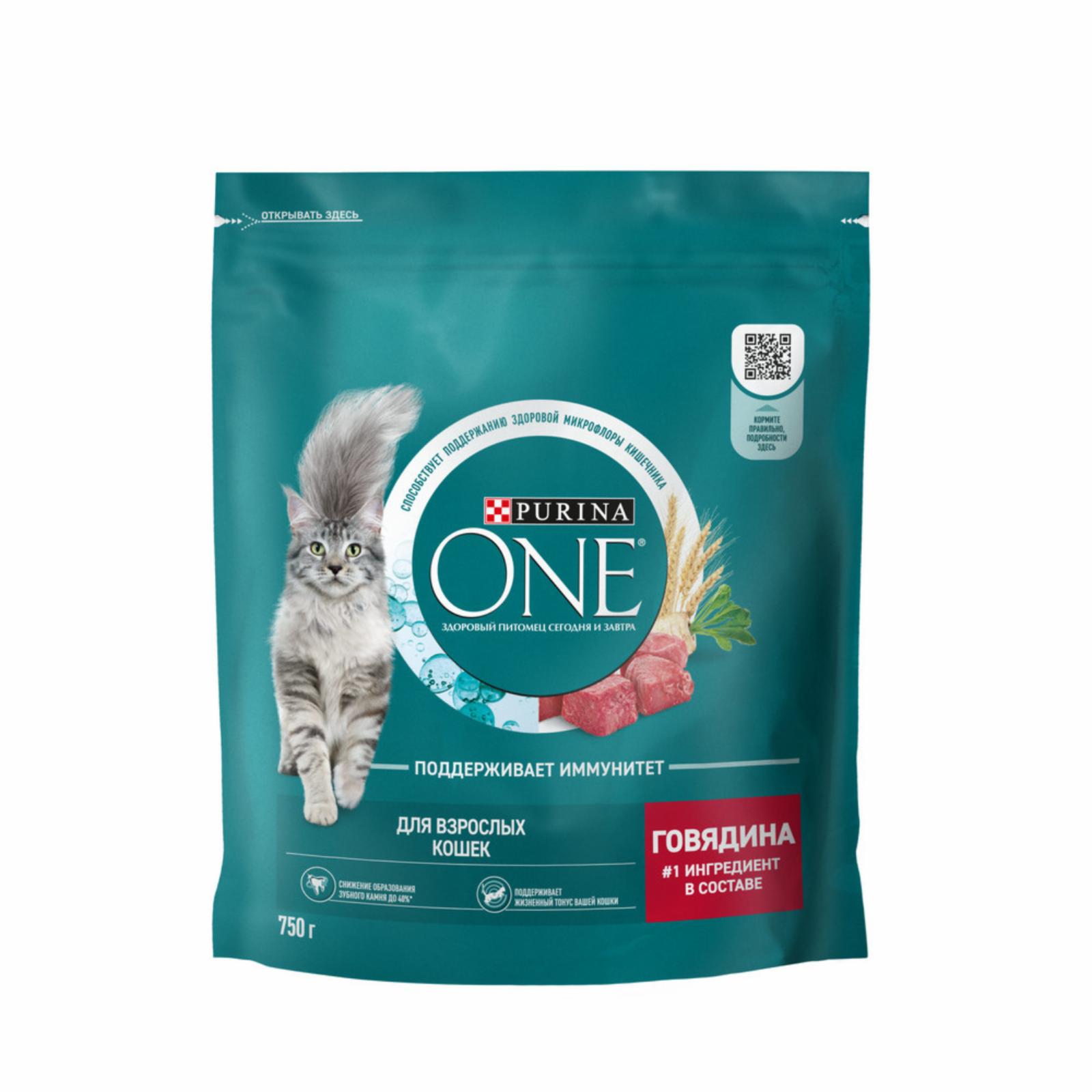 Purina ONE ВВА Сухой корм для взрослых кошек с  говядиной и злаками 123532221239766212506237 0,750 кг 37496