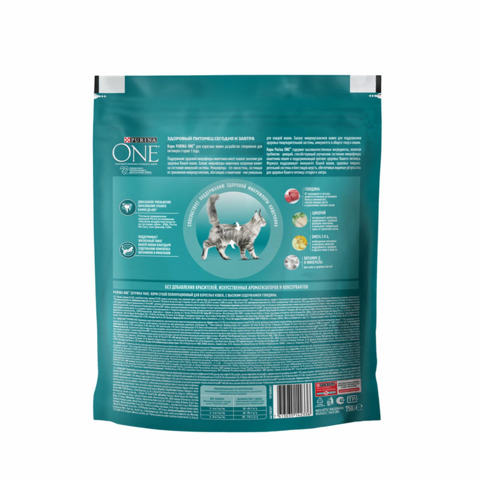 Purina ONE ВВА Сухой корм для взрослых кошек с  говядиной и злаками 123532221239766212506237 0,750 кг 37496