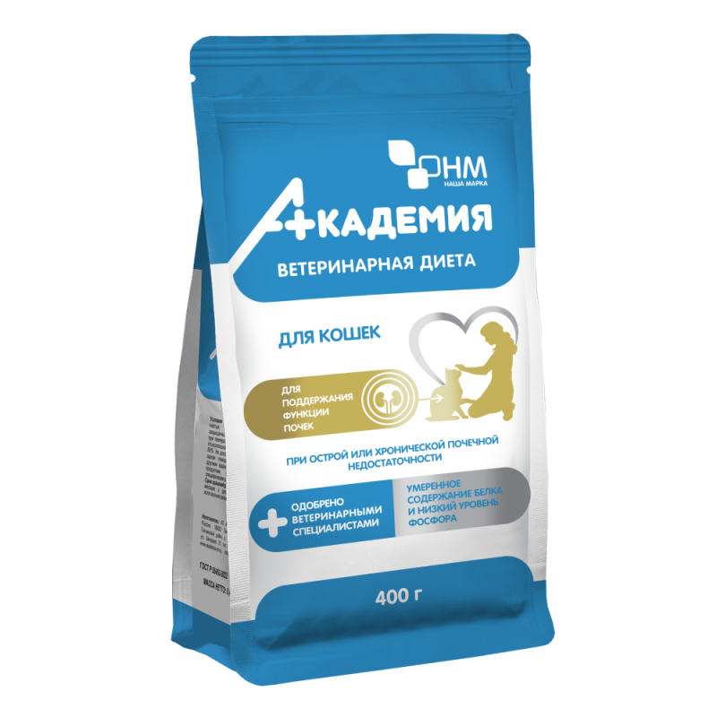 ВЕТДИЕТА АКАДЕМИЯ Корм дкошек для поддержания функции почек и при острой и хрон. поч-ой недостаточности 0,4кг, УТ-067919