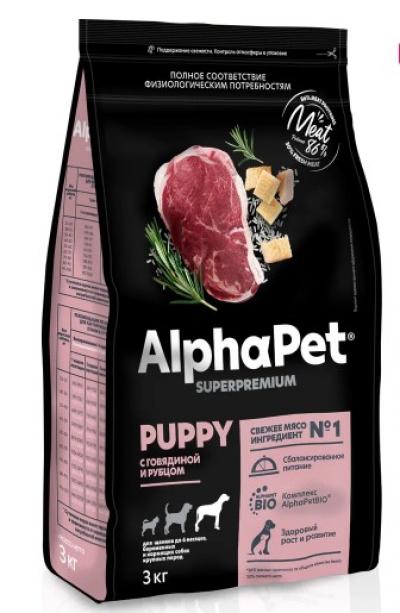 ALPHAPET SUPERPREMIUM 3 кг сухой корм для щенков до 6 месяцев, беременных и кормящих собак крупных пород с говядиной и рубцом 1х3, 82978