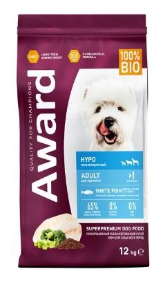 Сухой корм AWARD HYPO для взрослых собак всех пород с белой рыбой с добавлением брокколи сельдерея и семян льна 12кг, 7175819