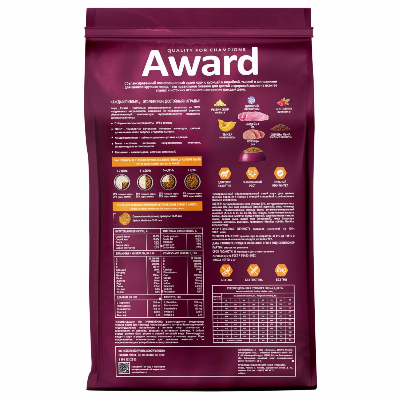 AWARD Сухой корм AWARD для щенков от 1 месяца крупных пород с курицей и индейкой с добавлением тыквы и шиповника 12кг 7175697 12.000 кг 66746