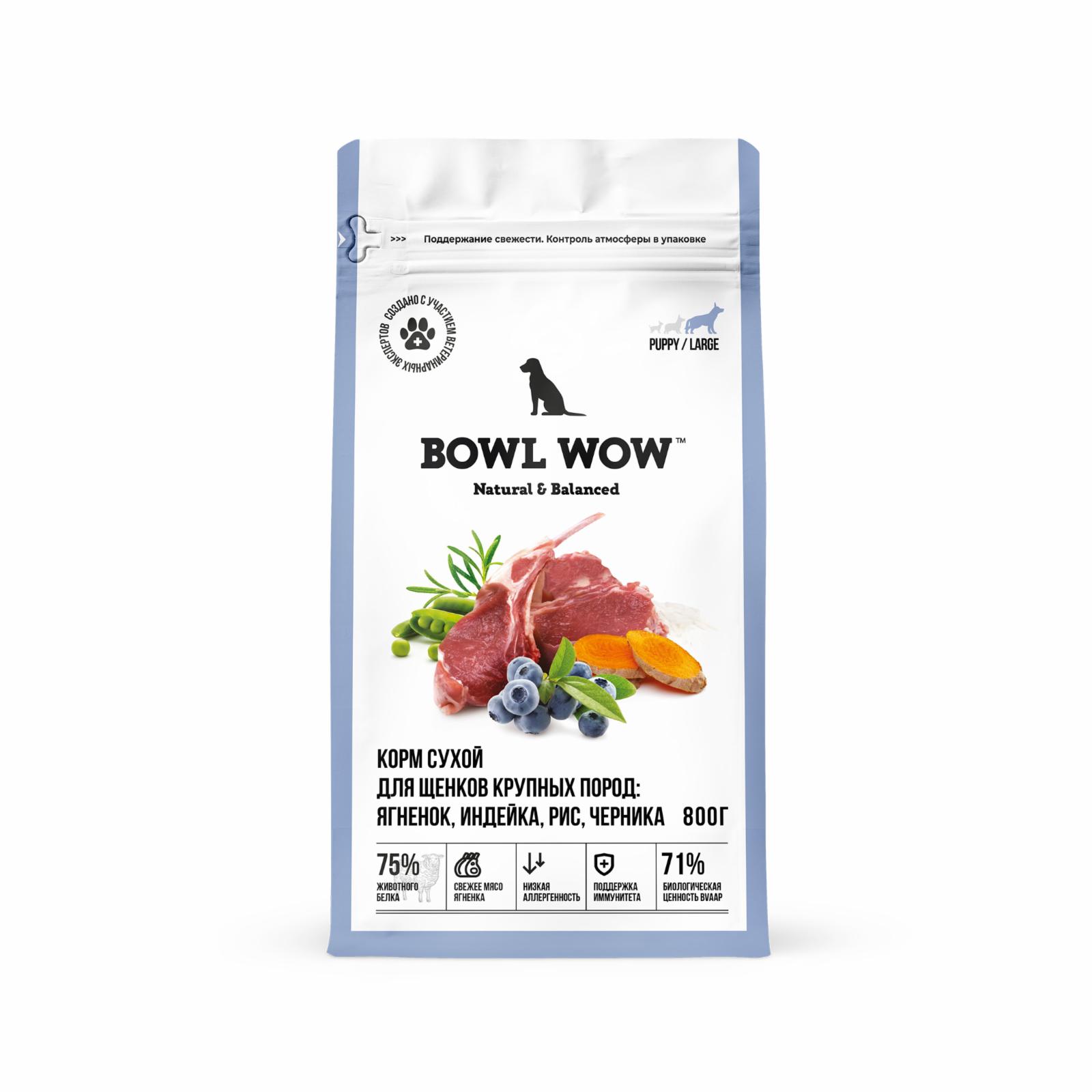 BOWL WOW Корм сухой для щенков крупных пород с ягненком индейкой рисом и черникой 34200102 0.800 кг 67613, 11001001605