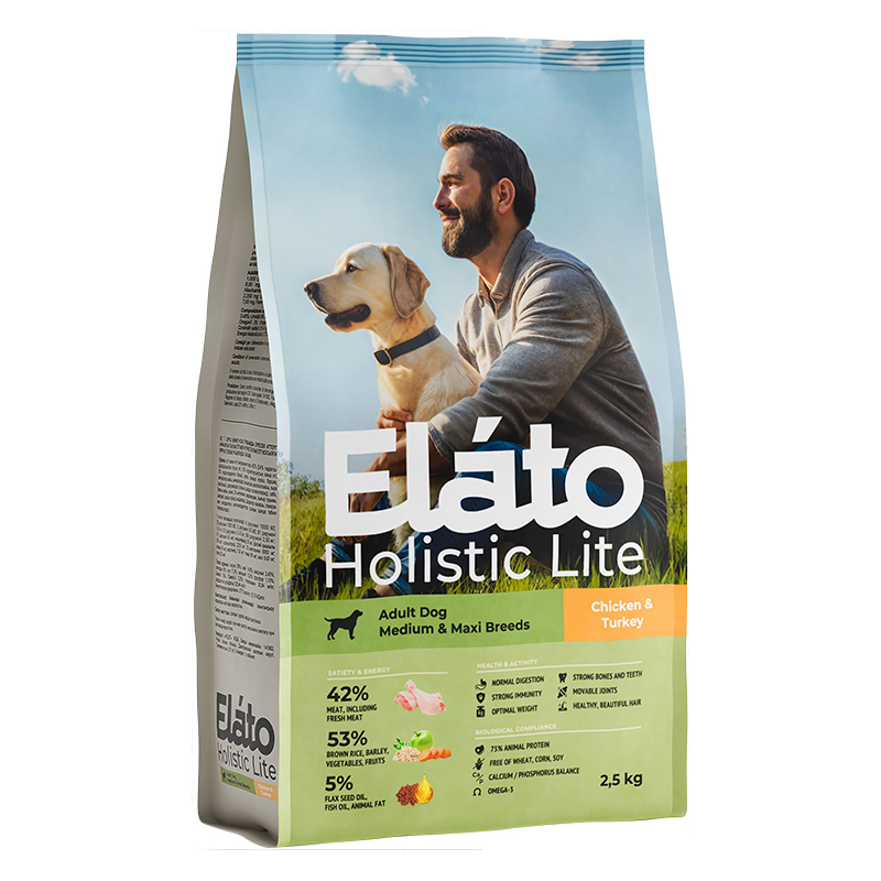 Elato Holistic Lite сухой корм для взр.собак средних и крупных пород с КУРИЦЕЙ и ИНДЕЙКОЙ 2,5 кг , VК-00036415