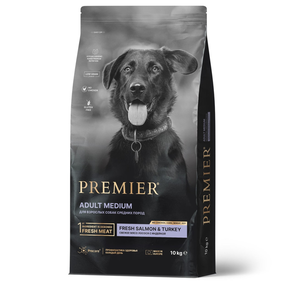 Premier Dog 10кг Salmon & Turkey Adult Medium сухой корм Свежее филе лосося с индейкой для взрослых собак средних пород