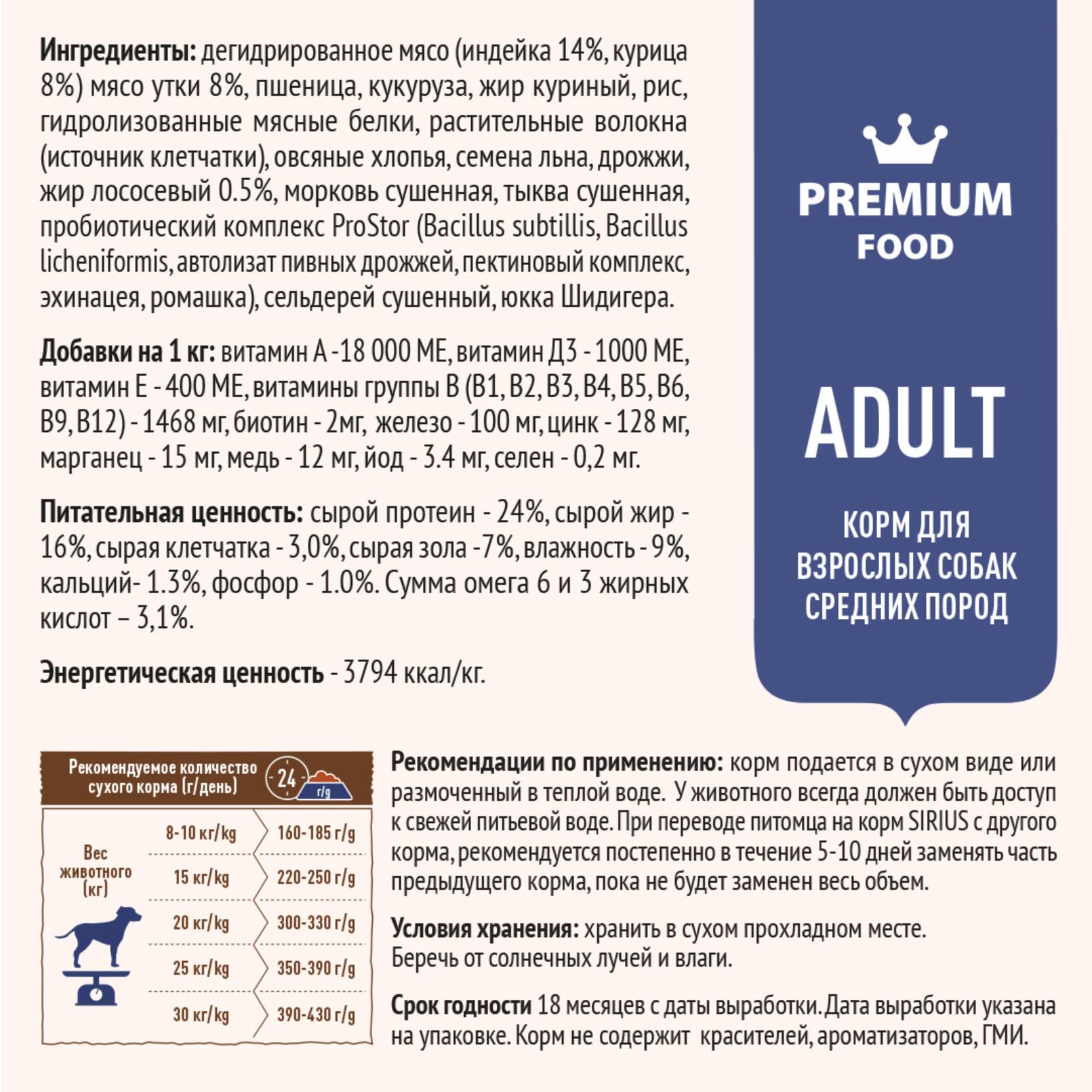 Sirius Сухой корм для собак средних пород индейка и утка 9184481876 2.000 кг 60080