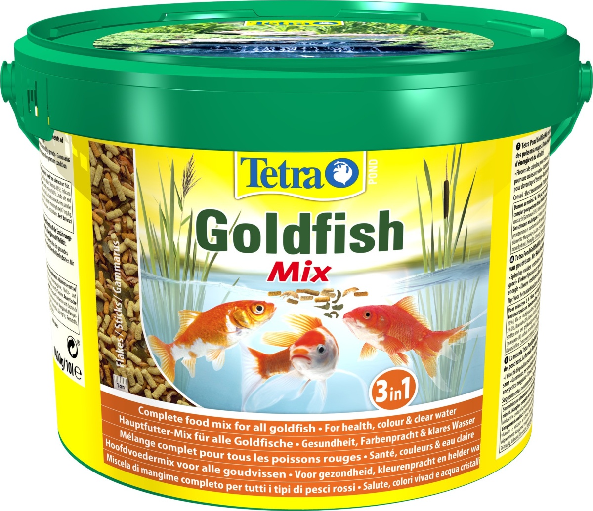 Корм для золотых рыб Tetra Pond Goldfish Mix 10 л, кормовая смесь: хлопья, палочки, гаммарус