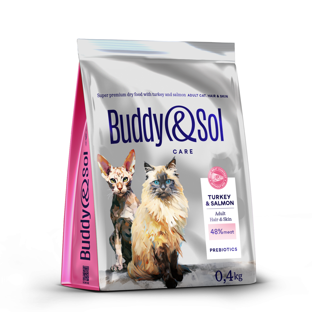 АКЦИЯ -40проц. BUDDY SOL CARE ADULT HAIR & SKIN 400 гр сухой корм для взрослых кошек для здоровья кожи и шерсти с индейкой и лососем 1x14, 87671