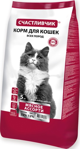 Счастливчик 75318 сух.дкошек Мясное ассорти 5кг, 96684