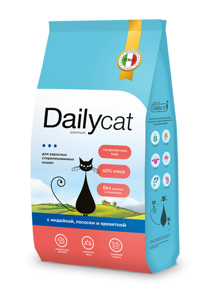 Dailycat Корм для стерилизованных кошек с индейкой лососем и креветкой 8кг, 934ДК8DL