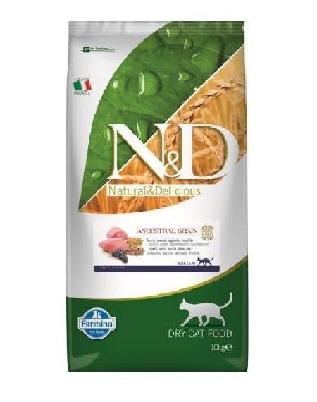 Farmina N&D Ancestral Grain Сухой корм низкозерновой для взрослых кошек, Ягненок и черника 10 кг