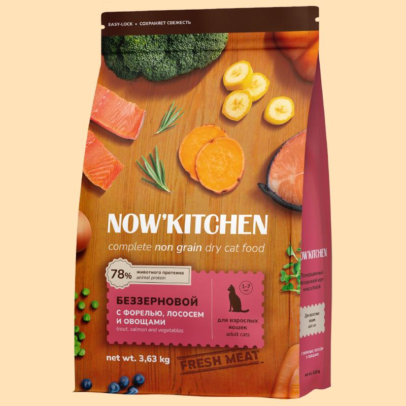 NOWKITCHEN Беззерновой корм для взрослых кошек со свежей форелью лососем и овощами Fresh Grain-free Recipe Trout&Salmon Adult 3.630 кг 66242