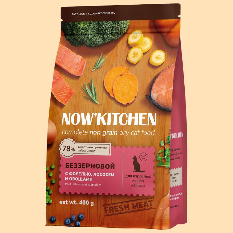 NOWKITCHEN Беззерновой корм для взрослых кошек со свежей форелью лососем и овощами Fresh Grain-free Recipe Trout&Salmon Adult 0.400 кг 66240