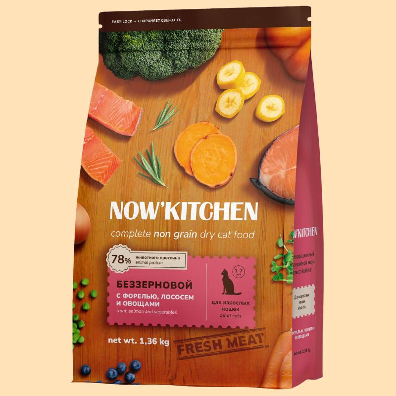NOWKITCHEN Беззерновой корм для взрослых кошек со свежей форелью лососем и овощами Fresh Grain-free Recipe Trout&Salmon Adult 1.360 кг 66241
