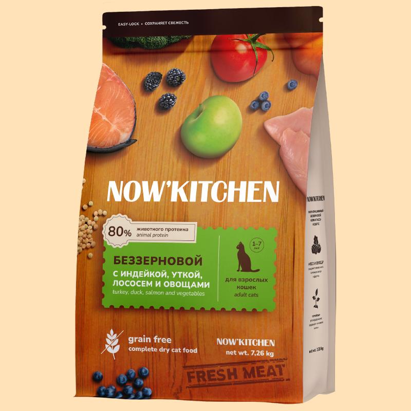 NOWKITCHEN Беззерновой корм для взрослых кошек со свежей индейкой,уткой,лососем и овощами,Fresh Grain-free Turkey,Duck&Salmon,Adult 7.260 кг 66239