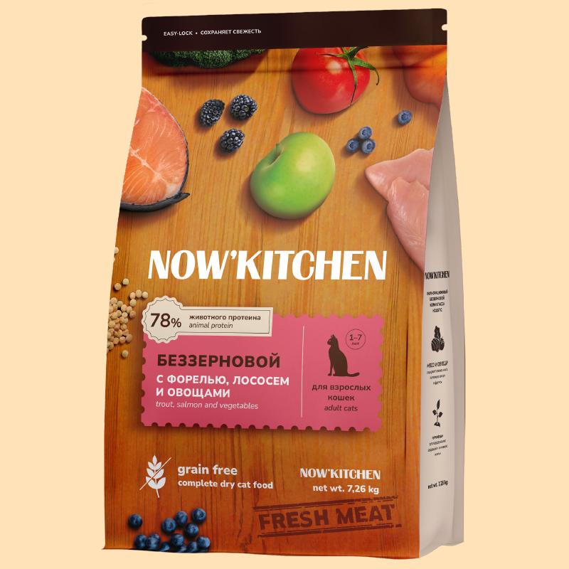 NOWKITCHEN Беззерновой корм для взрослых кошек со свежей форелью лососем и овощами Fresh Grain-free Recipe Trout&Salmon Adult 7.260 кг 66243