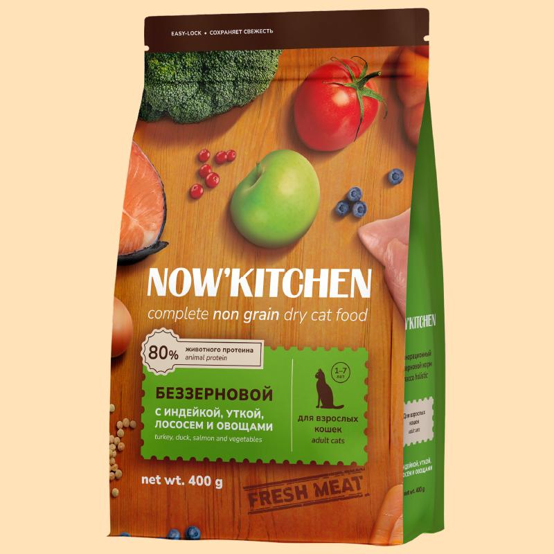 NOWKITCHEN Беззерновой корм для взрослых кошек со свежей индейкой,уткой,лососем и овощами,Fresh Grain-free Turkey,Duck&Salmon,Adult 0.400 кг 66236