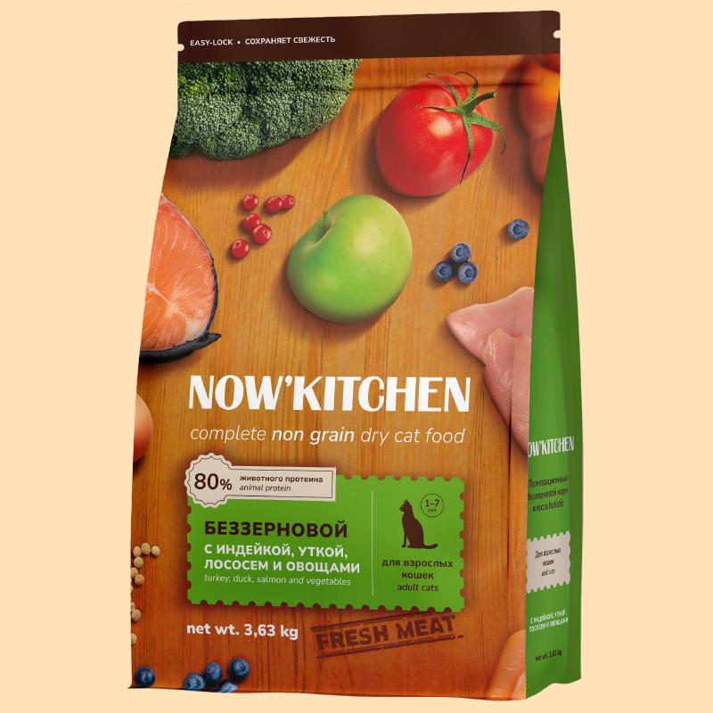 NOWKITCHEN Беззерновой корм для взрослых кошек со свежей индейкой,уткой,лососем и овощами,Fresh Grain-free Turkey,Duck&Salmon,Adult 3.630 кг 66238