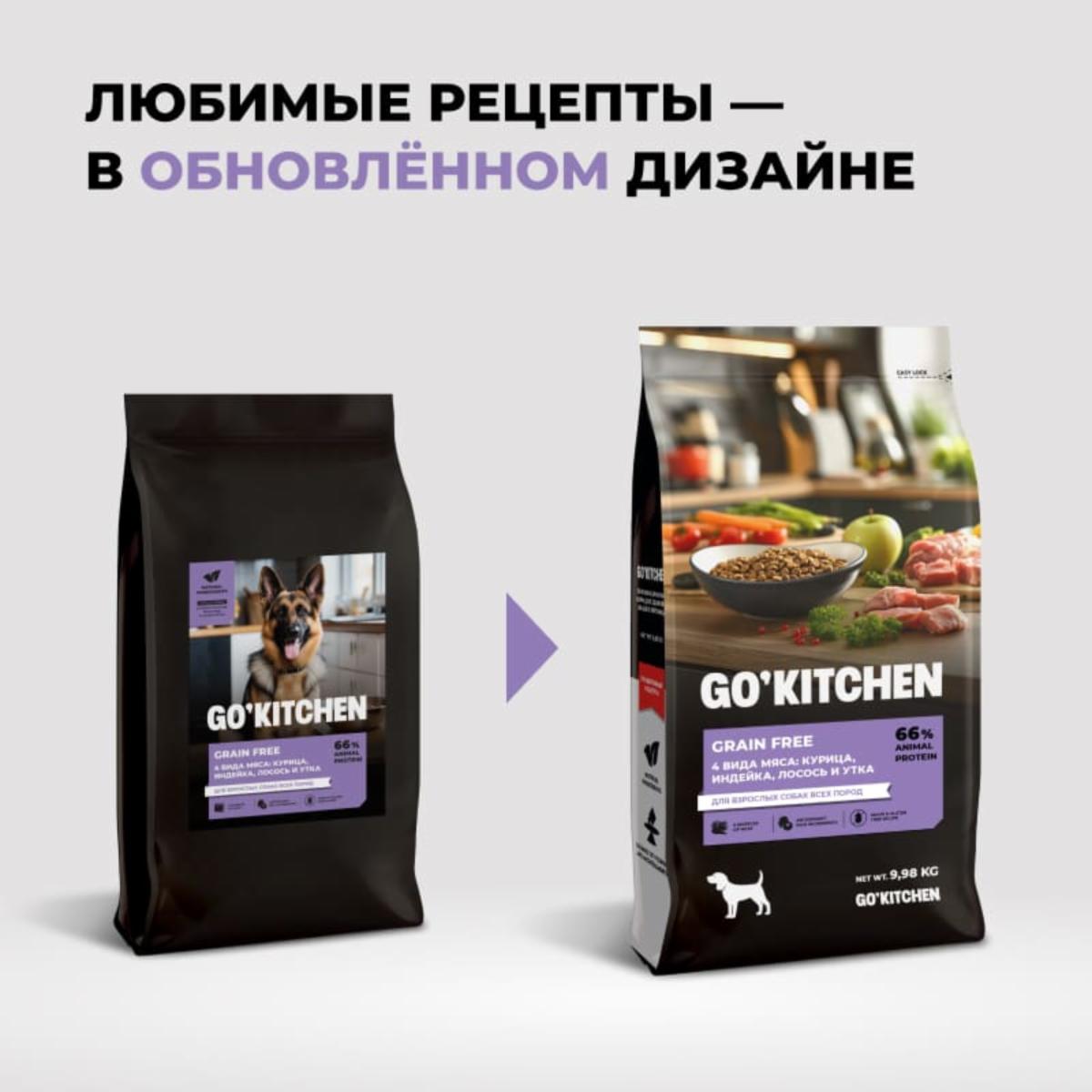 GOKITCHEN Беззерновой корм для взрослых собак всех пород с курицей индейкой лососем и уткой,GRAIN FREE  ADULT 4 Meat Recipe 1.590 кг 64648