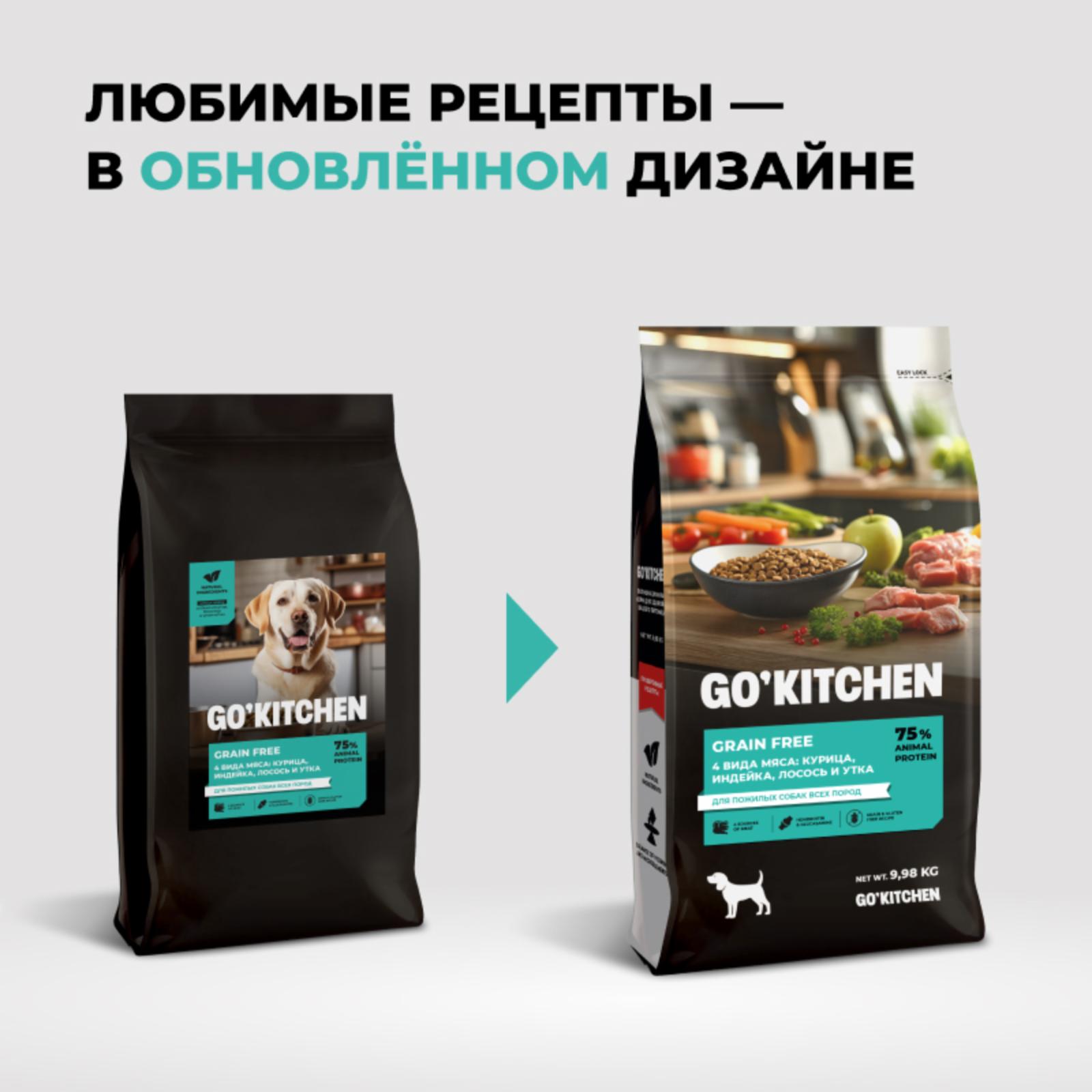 GOKITCHEN Беззерновой корм для пожилых собак всех пород с курицей индейкой лососем и уткой GRAIN FREE SENIOR 4 Meat Recipe 5.440 кг 65403, 12700100674