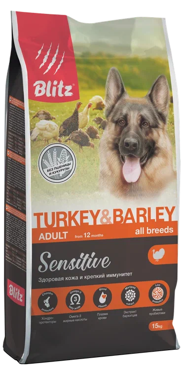 БЛИТЦ корм длЯ собак Индейкаячмень ADULT TURKEY& BARLEY 15 кг NEW, BDD08-4-15000