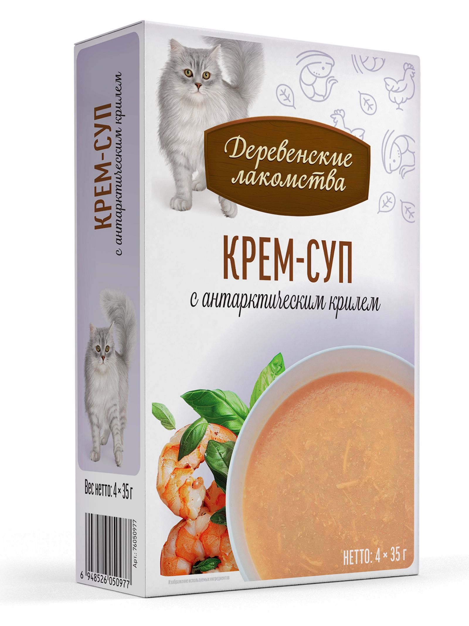 Деревенские лакомства Влажный корм для кошек «Крем-суп с антарктическим крилем пауч 35г*4шт 76050977 0.140 кг 70603