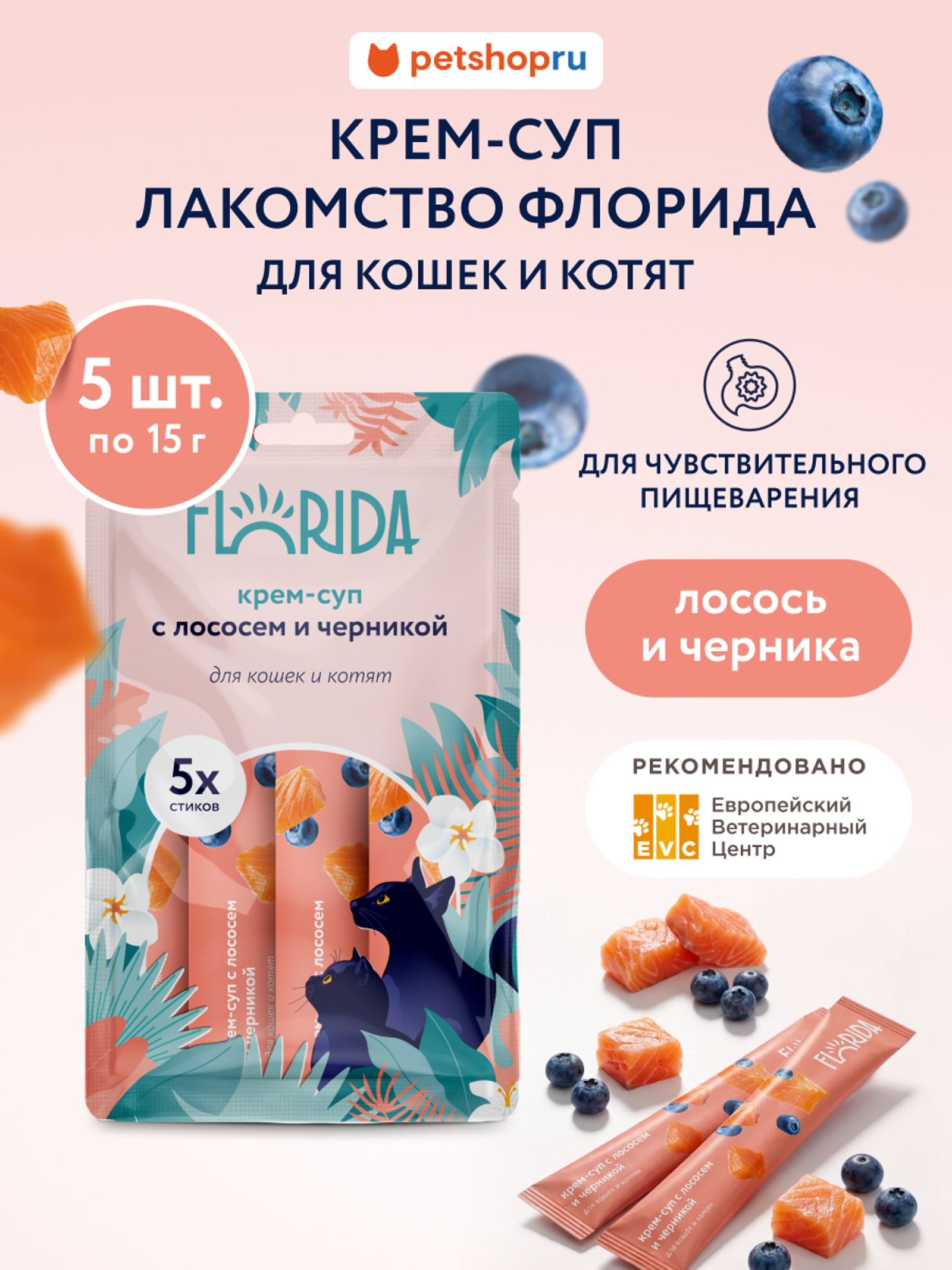 FLORIDA лакомства Крем-суп для котят и кошек с лососем и черникой 22ку22 0.075 кг 67759