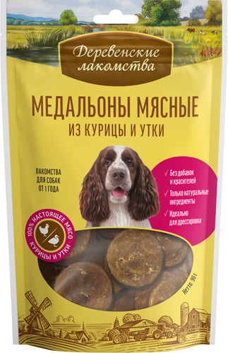 Деревенские лакомства 79214925 длЯ собак Медальоны мясные из курицы и утки 90г, 97244