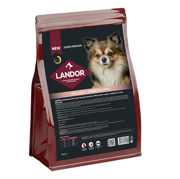 LANDOR Полнорационный сухой корм для взрослых собак мелких пород c индейкой и уткой 3 кг