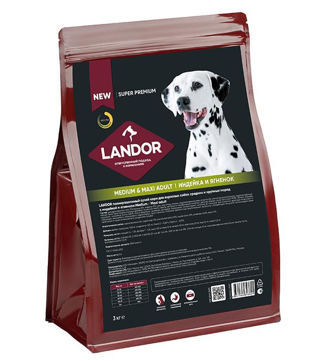 LANDOR Полнорационный сухой корм для взрослых собак cредних и крупных пород c индейкой и ягненком 3кг