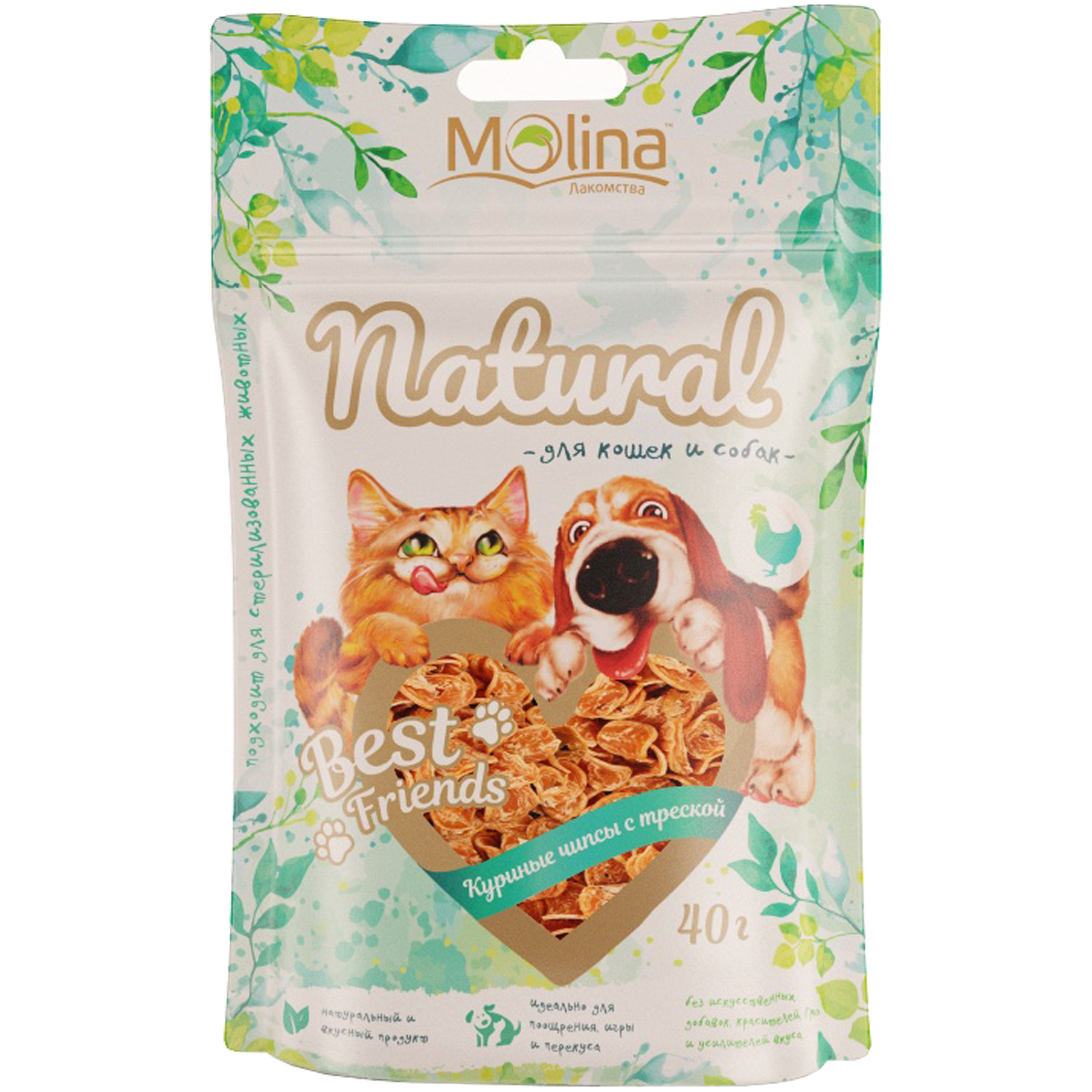 Молина BEST FRIENDS для кошек и собак Куриные чипсы с треской, 40 г
