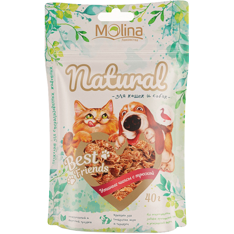 Молина BEST FRIENDS для кошек и собак Утиные чипсы с треской, 40 г