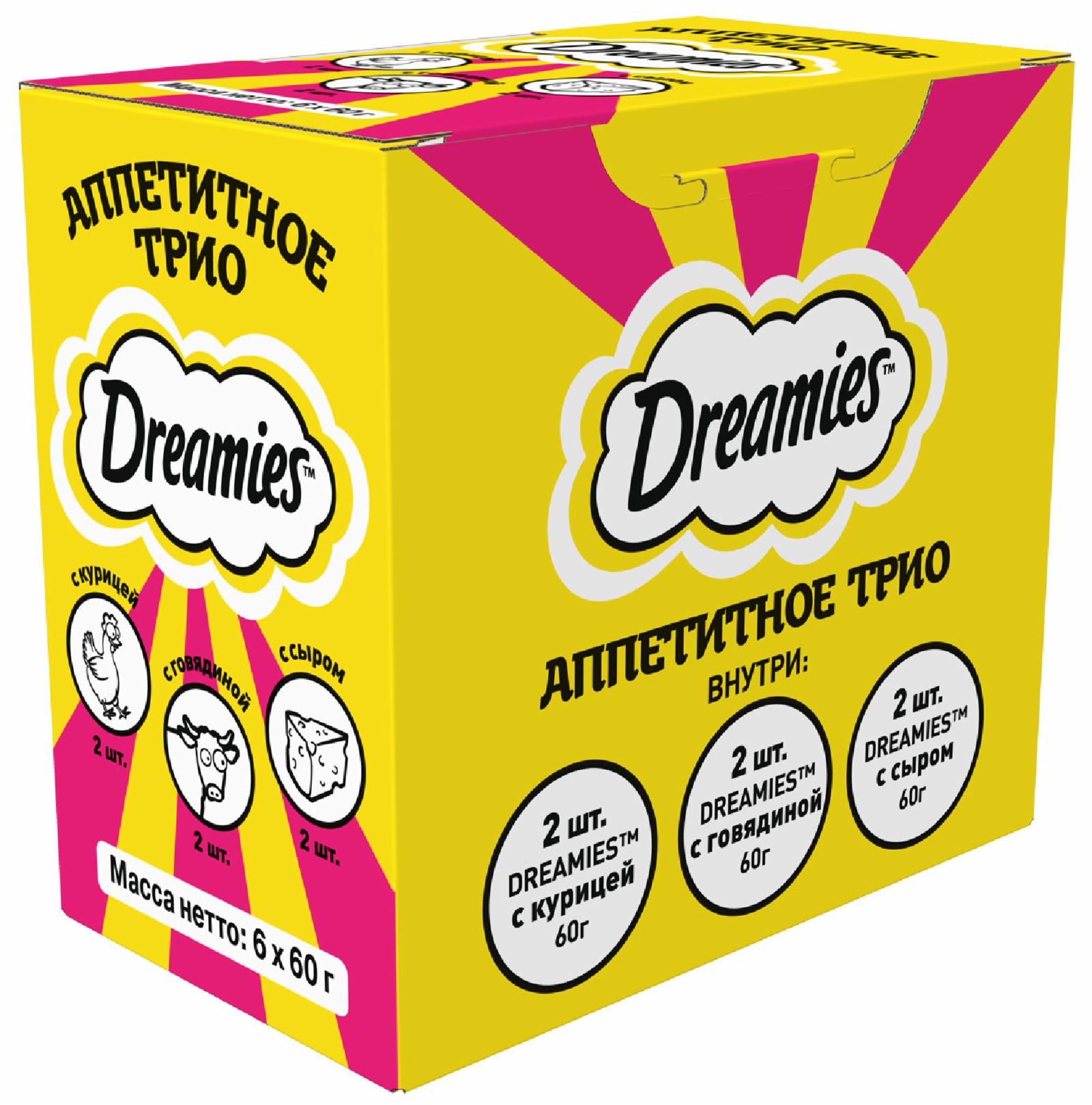 Dreamies Набор лакомств для кошек «Аппетитное трио»: курица (2 шт) говядина (2 шт) сыр (2 шт) 1027390210273902 0,360 кг 54552