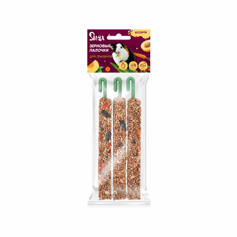 Зерновые палочки для грызунов Snax ассорти (овощи, шиповник, абрикос) 3 шт (75г), УТ-037291