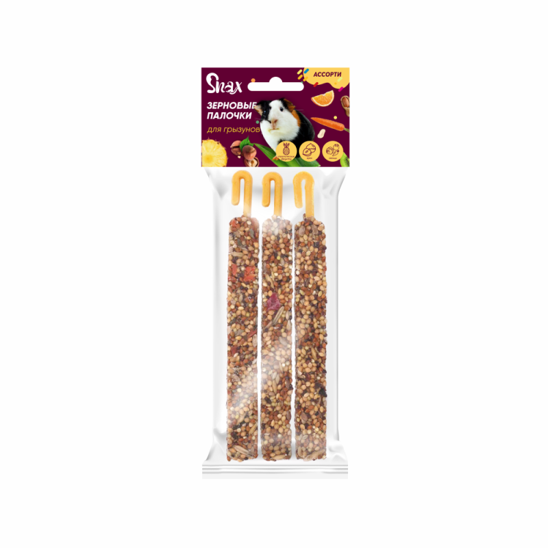 Зерновые палочки для грызунов Snax ассорти (овощи, тропич.фрукты, орех) 3 шт (75г), УТ-037289