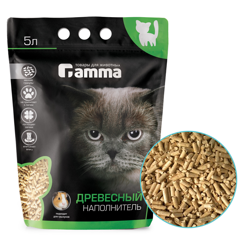 Gamma древесный впитывающий наполнитель для кошачьего туалета (мелкие гранулы) 5 л