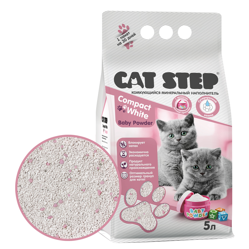 Cat Step Комкующийся минеральный наполнитель Baby Powder для котят Compact White 5 л 20313013 4.375 кг 52680, 24001001146