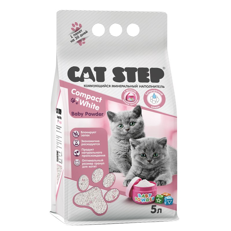 Cat Step Комкующийся минеральный наполнитель Baby Powder для котят Compact White 5 л 20313013 4.375 кг 52680, 24001001146