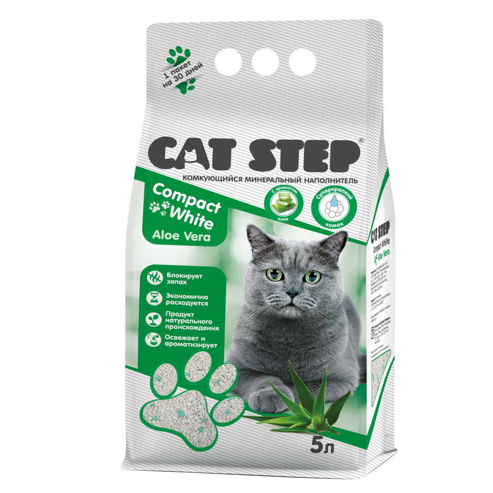 Cat Step Комкующийся минеральный наполнитель Compact White Aloe Vera 5 л 20313028 4.200 кг 67254