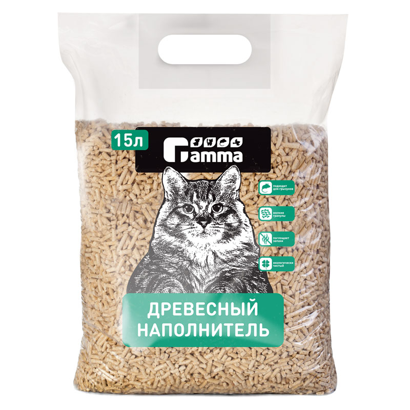 Наполнитель для кошачьих туалетов Gamma 15л, древесный впитывающий, мелкие гранулы, 20322005