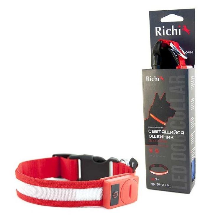 Ошейник для собак RICHI красный со светящейся лентой, 3 режима, зарядка от USB, 32-34см (S)