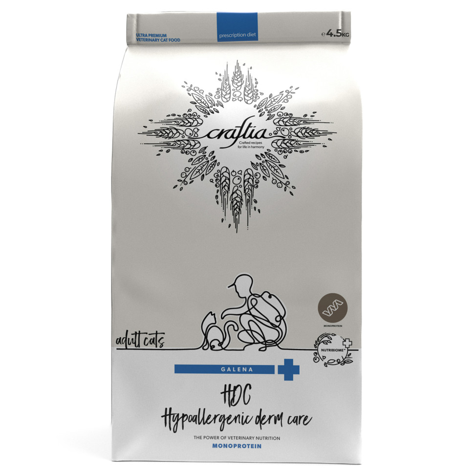Ветеринарная диета CRAFTIA GALENA CAT HYPOALLERGENIC DERM CARE Гипоаллердженик Дерм для кошек при пищевой аллергии и заболеваниях кожи 4,5 кг, GAL5427771