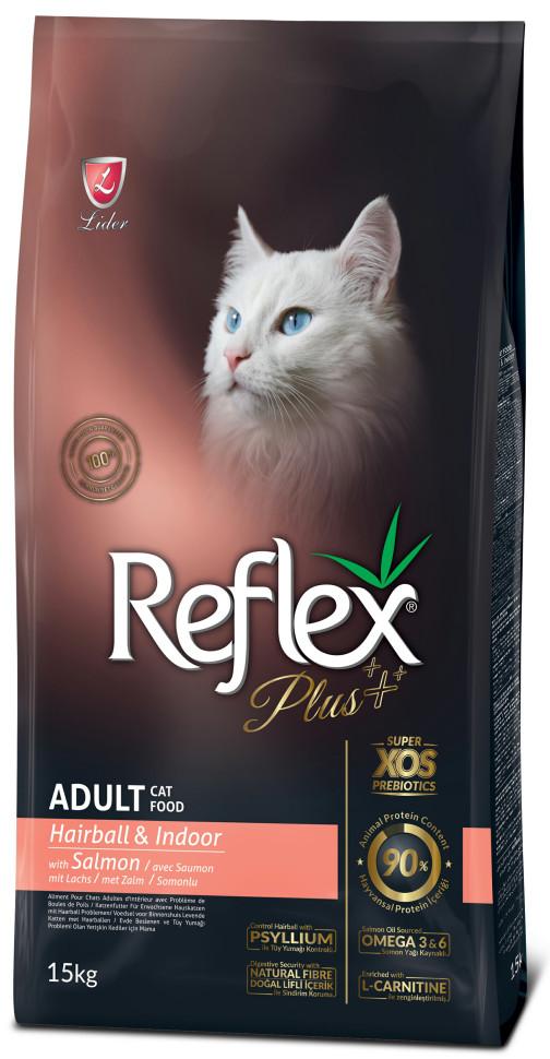 REFLEX PLUS Adult Cat Food Hairball Salmon 15 кг сухой корм для кошек для выведения шерсти с лососем, 87019