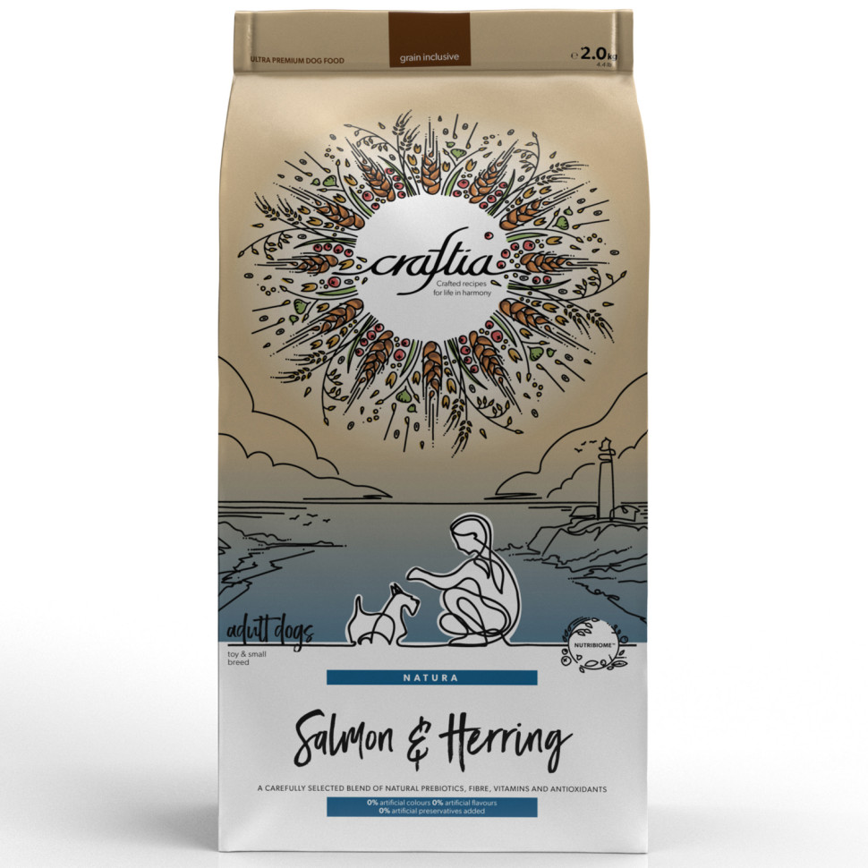 Сухой корм CRAFTIA NATURA для взрослых собак миниатюрных и мелких пород из лосося с сельдью 2 кг, CRF5426415