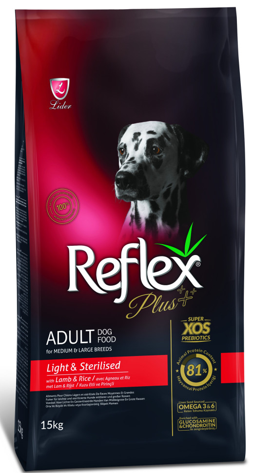 REFLEX PLUS Medium Large Breed Light & Sterilised Dog Food Lamb and Rice 15 кг сухой корм облегченный для собак средних и крупных пород с ягненком и рисом, 87044
